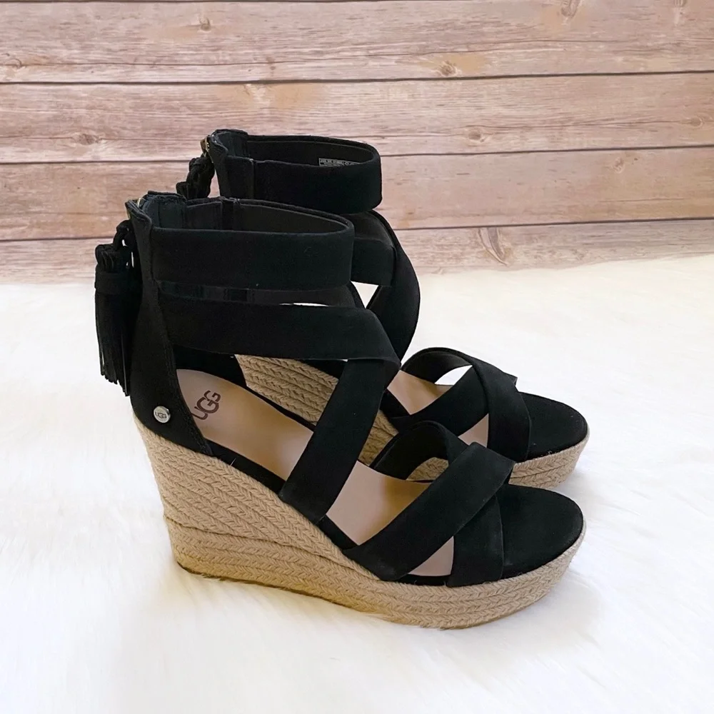 UGG Raquel Black Espadrille Platform Wedge Sandals - Picture 1 of 8
